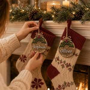 Ornement de Noël en bois personnalisé, décor de fête rustique circulaire, gravé avec le nom Sophia, motif cœur, à suspendre au mur - Product Image 3