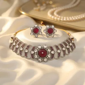 Conjunto de Collar y Pendientes de Latón con Incrustaciones de Kundan y Polki, Joyería Nupcial India Tradicional, Tono Dorado, Conjunto de Joyería de Boda Unisex - Product Image 5