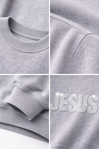 High Quality Bulk Supply Men Winter Grey Oversized <b>Sweatshirt</b> Rhinestone JESUS Print Crewneck Long Sleeve Comfortable Fashion - Product Image 5