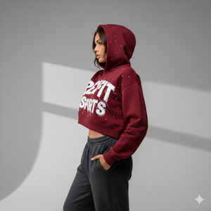 Sweat à capuche court en molleton de coton premium Maroon Rexfit Sports, imprimé strass, streetwear, pour homme et femme, vêtements décontractés - Product Image 4