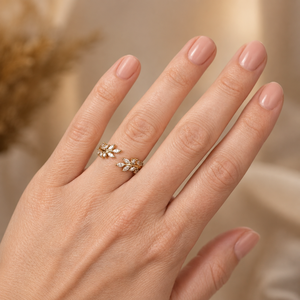 14K Plated Yellow Gold Wedding <b>Ring</b> Moissanite Open Band <b>Ring</b> Leaf Design <b>Adjustable</b> Women Engagement Jewelry - Product Image 5
