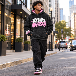 Eftah Sports Men's Oversized Washed Black <b>Hoodie</b> With Pink Lining And Graphic Letter Print <b>Cheap</b> Price Wholesale Rate Custom - Product Image 4