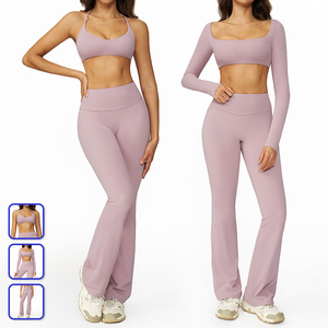 Ensemble de yoga sans couture pour femme, violet uni, avec soutien-gorge de sport dos nu, leggings taille haute et haut court à manches longues, tenue de sport - Product Image 1