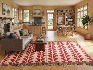 Tapis rectangulaire artisanal en laine tufté à la main, motif géométrique Kilim, écologique, pour salon, à poils moyens, nettoyage localisé, par Krafterscustom - Product Image 3