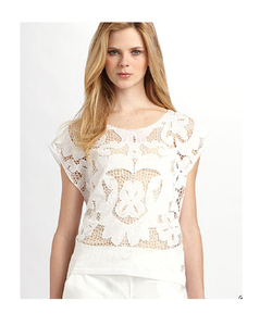 Executive Grace Crochet Blouse <b>White</b> <b>Lace</b> Fabric Fitted <b>Top</b> <b>with</b> Round Neck Short Sleeve & Straight Bottom - Product Image 6