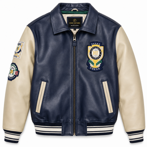 Veste Bomber Varsity Aviateur en Cuir de Mouton Respirant pour Homme FURAT LEATHERS, Col Montant, Fermeture Éclair Avant, Automne, Décontractée - Product Image 1