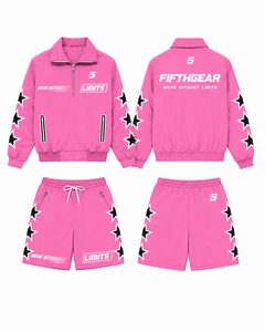 Men's Pink Sporty Jacket Shorts Set Quick Dry Polyester Summer Wear Turn-<b>down</b> Collar Heat-Transfer Printing Windbreaker jacket - Product Image 3