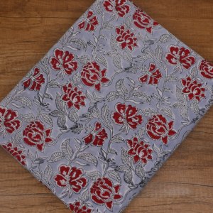 Handmade Grey Cotton <b>Fabric</b> Red Flower Leaf Vine Block Print Pattern for Kurtis Dresses Craft Furnishing - Product Image 1