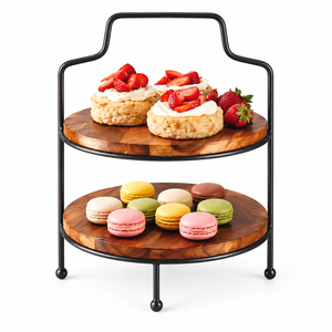 Two-Tier Wooden Cake Stand With <b>Black</b> <b>Metal</b> <b>Frame</b> Reusable Serving Tray For Desserts And Pastries - Product Image 1