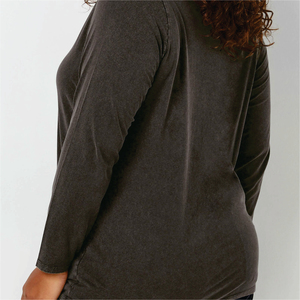 T-shirt décontracté pour femme, col rond, manches longues, 100% coton biologique, noir uni, coupe classique, tissu tricoté respirant, été - Product Image 4