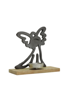 Porte-bougie en métal foncé en forme d'ange avec coupelle pour bougie chauffe-plat et base en bois, décoration de table - Product Image 2