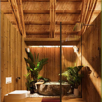 Conception de bungalow pour complexe de glamping, aménagement ouvert, maison préfabriquée de luxe en bambou NB03, villa écologique avec toit en chaume en bois