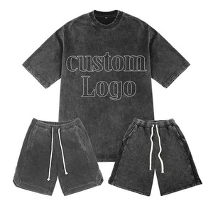 Mens Solid Vintage Sun Fade Washed Streetwear <b>Knitted</b> 100% Cotton Eco-Friendly Crew Neck 180g T Shirt Shorts <b>Set</b> Summer Casual - Product Image 1