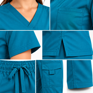Ensemble de blouses médicales unisexe, violet avec bordure rose, coton/polyester/pantalon tricoté, col en V, manches longues, respirant, confortable, haute qualité - Product Image 6