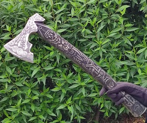 Norse Design Tomahawk <b>Axe</b> Forged Steel Wood <b>Handle</b> 18-19 Inch Survival Tool Custom Engraved Pattern Viking Style - Product Image 1