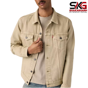 Veste en jean vintage pour homme, coupe classique, style camionneur, couleur beige unie, coupe régulière - Product Image 3