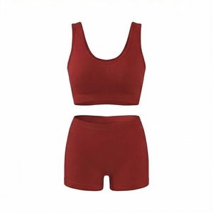2 Piece Yoga Set Solid <b>Red</b> Racerback <b>Crop</b> <b>Top</b> High Waist Shorts Seamless Breathable Sportswear - Product Image 1