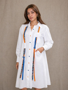 <b>Women's</b> <b>White</b> Woven Linen Button Down Tops <b>Dress</b> with Contrast Color Trim Full Sleeve Loose Fit Casual Spring Summer Style - Product Image 3