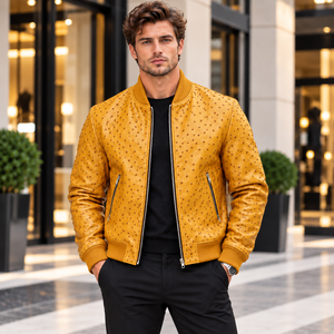 Chaqueta Bomber de Cuero para Hombre con Bolsillos con Cremallera y Cuello Acanalado - Product Image 1