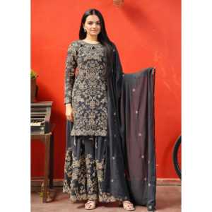 Conjunto de traje de diseñador para mujer Sharara codificación de secuencia de trabajo bordada - Product Image 1