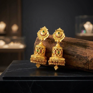 Vente en gros de boucles d'oreilles Jhumka plaquées or 14K18K24K, ensemble de boucles d'oreilles de mariage, boucles d'oreilles de mode, design floral traditionnel, ensemble Jhumka - Product Image 5