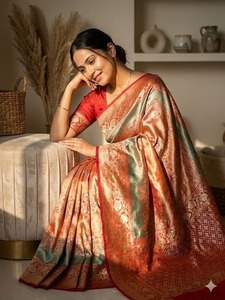 <b>Red</b> Banarasi Silk Saree For Women Luxury Zari Weaving Designer Wedding Party Wear Traditional Indian Ethnic Saree With <b>Blouse</b> - Product Image 5