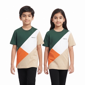 T-shirts décontractés unisexe pour enfants, col rond, manches courtes, quatre couleurs, avec empiècements contrastants, vente en gros, personnalisables - Product Image 5