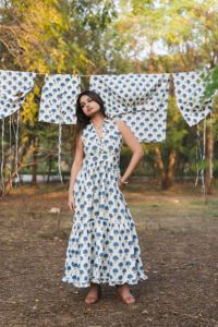 Vestido Maxi Boho con Estampado de Árboles Azules, Sin Mangas, Corte en A, Holgado, con Volantes en el Bajo, Vestido Casual de Verano de Algodón y Fibra de Bambú - Product Image 6
