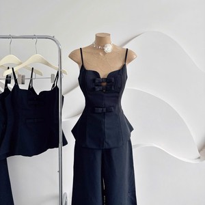 OEM Vintage Korean Style Solid <b>Black</b> Lace up Embroidered <b>Corset</b> Cami <b>Top</b> Wide Leg Trousers Cotton/Bamboo Fiber Two Piece Outfit - Product Image 1