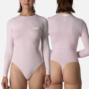 Women Activewear Skinny Streetwear Long Sleeve Double Lined Thong Seamless Soft Tummy <b>Control</b> Crew Neck Stretchy <b>Bodysuit</b> - Product Image 2