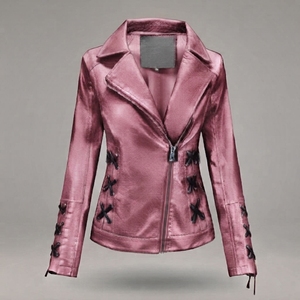 Chaqueta de moto de cuero PU rosa metalizado para mujer, con cordones, cuello vuelto y cremallera. - Product Image 1