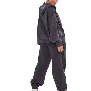 Wholesale Customized Women's 100% Cotton Eco-Friendly Black Printed Hooded Tracksuit Set <b>Full</b>-<b>Zip</b> <b>Sweatshirt</b> Pants Casual Loose - Product Image 2