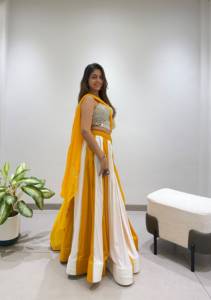 <b>Women</b> Indian Pakistani Silk <b>Lehenga</b> Set Yellow White Floor Length Traditional Wedding Dress Loose Fit Stretchable - Product Image 5