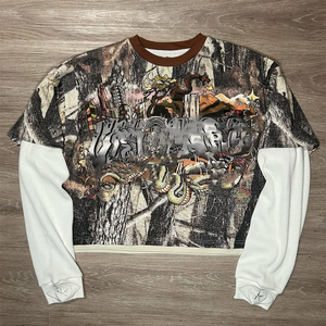 เสื้อสตรีทแวร์ประดับพลอยเทียมแขนยาวสองชั้นลายปักโลโก้ทรงโอเวอร์ไซส์ปกติ - Product Image 5