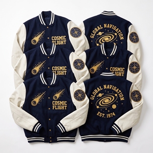 Chaqueta Letterman al por mayor, azul marino, de lana, estilo universitario, con bordado de navegación global, <span class=keywords><strong>vuelo</strong></span> cósmico, <span class=keywords><strong>cometa</strong></span> y galaxia, y detalles en cuero crema. - Product Image 1