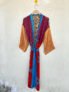 Vintage Recycled Silk Sari <b>Kimono</b> for <b>Women</b> Multicolored Daily Life Style Free Size Drawstring Closure for Summer Autumn Spring - Product Image 6