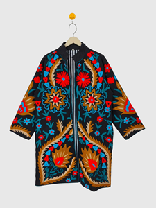 Veste en velours pour femmes grande taille brodée à la main, col châle, manches trois quarts, motif géométrique, manteau long, vêtements d'automne - Product Image 1