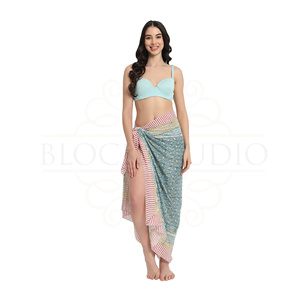 Porcelain Green and Yellow <b>Cream</b> Hand Block Print Cotton Sarong <b>Wrap</b> for Women, Lightweight Summer Beach & Resort Wear - Product Image 6