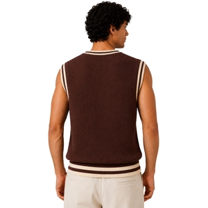 Gilet pull sans manches en maille pour homme, col en V, léger, décontracté, avec rayures contrastantes crème et marron chocolat, personnalisable avec logo - Product Image 2