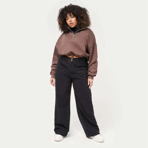 Sweat-shirt surdimensionné marron à quart de zip pour femme avec logo personnalisé, couleur unie, manches longues, en molleton de coton tricoté, pour l'automne, fourniture OEM - Product Image 4