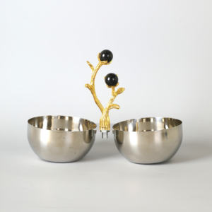 Bols de service doubles en acier inoxydable avec poignée en forme de branche dorée, plat à condiments moderne pour le service des aliments et les cadeaux - Product Image 3