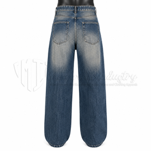 Jeans personnalisés en gros pour hommes, style streetwear hip-hop, à ourlet brut, coupe ample, délavés par le soleil, bleu foncé, jambe large et droite - Product Image 2