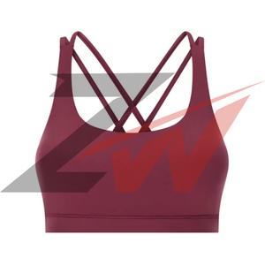 Custom Logo Burgundy Criss Cross Strappy <b>Back</b> Sports Bra Women High Support <b>Padded</b> Yoga Fitness Crop Top Activewear OEM - Product Image 3