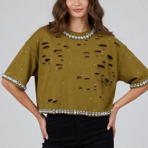 เสื้อยืดครอปปักลายเพชรแบบทำเก่า 100% ผ้าฝ้าย ทรงโอเวอร์ไซส์ ระบายอากาศได้ดี สตรีทแวร์ คุณภาพเยี่ยม ยอดนิยม - Product Image 2