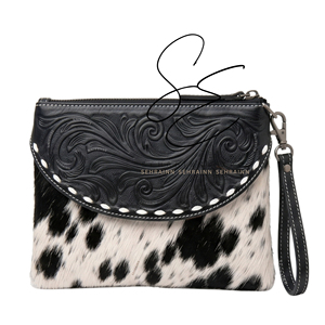 SEHRAINN Women's Cowhide <b>Wristlet</b> Clutch Zipper Bag Black Embossed Leather With Hairon Pattern Daily Use Cowgirl Gypsy Purse - Product Image 1