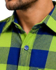 Camisa de Franela a Cuadros Verde Lima y Azul Marino para Hombre, Manga Larga, con Botones, de Algodón, Informal, con Bolsillos en el Pecho, Estilo Urbano - Product Image 5