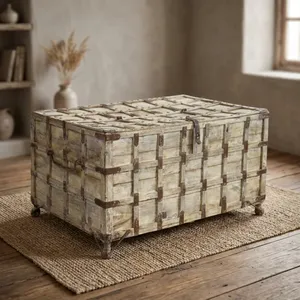 Vintage Heritage Reclaimed Acacia <b>Wood</b> <b>Storage</b> Trunk <b>Chest</b> Box Coffee Table with Metal Fittings Bleached Finish for Home Decor - Product Image 5
