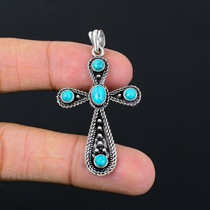Pendentif en laiton turquoise tibétaine naturelle, plaqué argent sterling, ovale à coupe finale, style bohème, cadeau unisexe pour anniversaire - Product Image 3