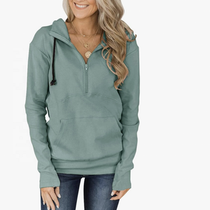 <b>Long</b> Sleeve Hooded Casual Solid Knitted Polyester/Cotton Pullover <b>Hoodies</b> <b>for</b> <b>Women</b> Winter & Autumn with Quarter Zip and Pocket - Product Image 1