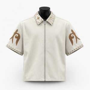 Camisa de Manga Corta para Hombre con Cierre, Cuello Mao, Estampado Geométrico, Informal, de Verano, de Algodón Popelina, Transpirable, con Cierre Completo - Product Image 1